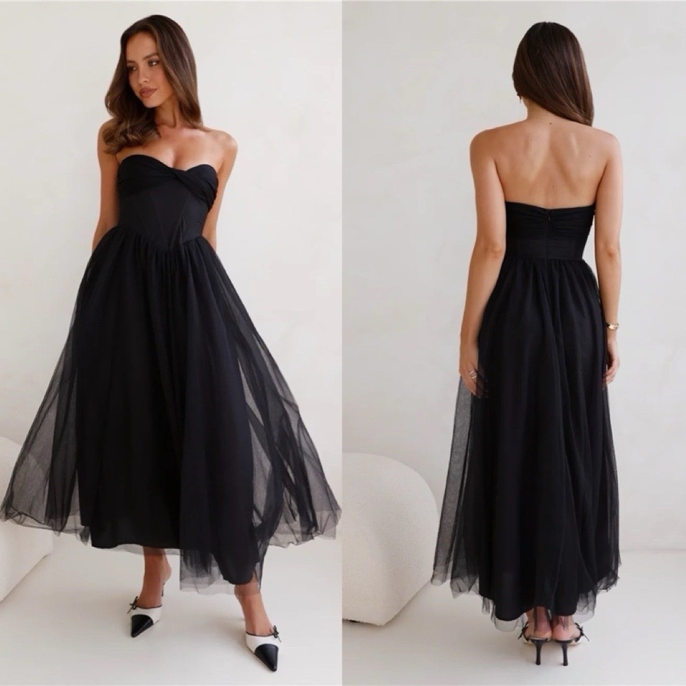 Hello Molly Sz L WORTHY OF DIAMONDS STRAPLESS TULLE MIDI DRESS BLACK